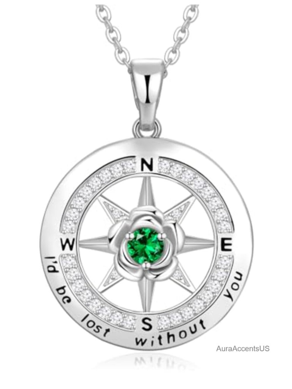 Sterling Silver Compass Pendant Necklace 18K White Gold Plated CZ